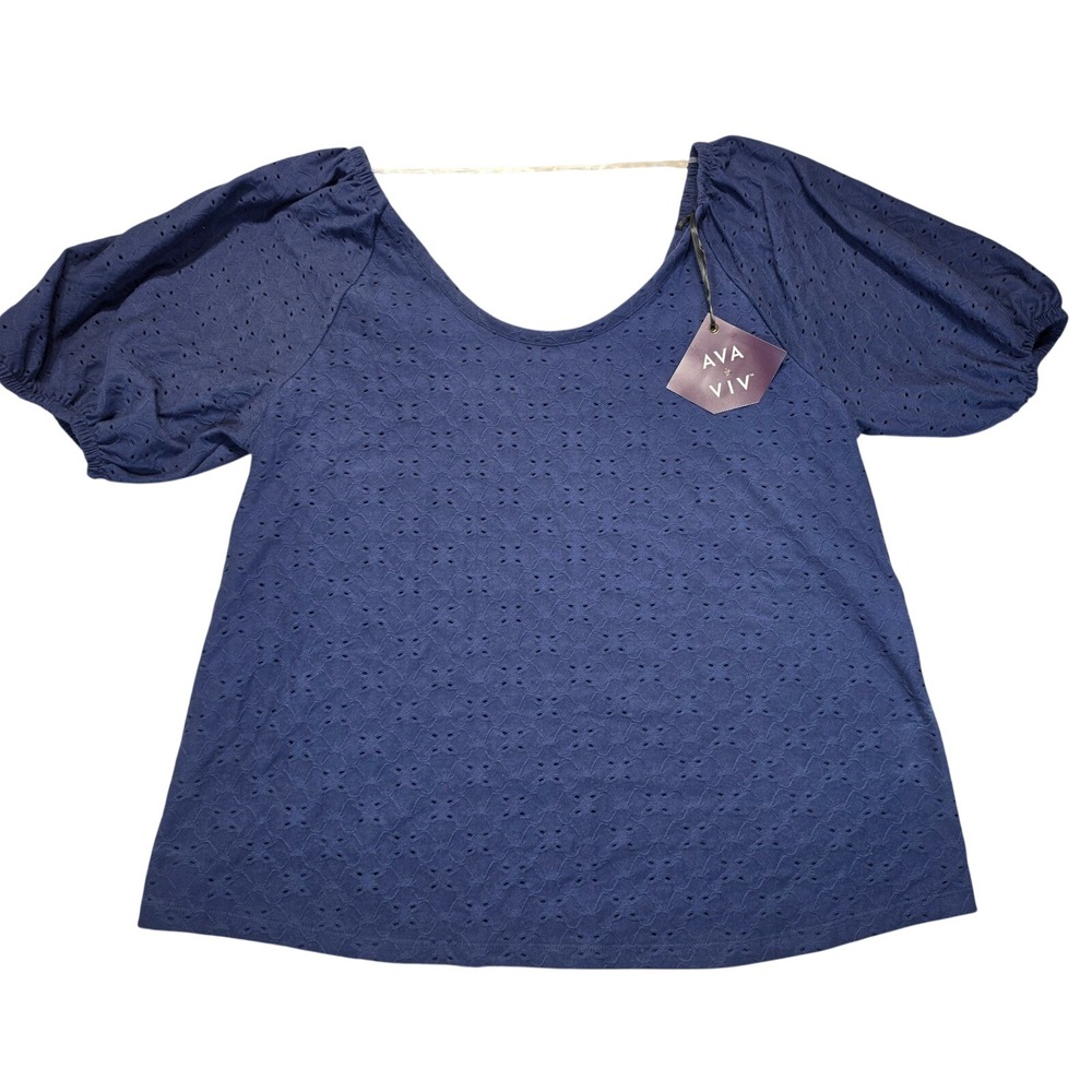 Ava & Viv Navy Blue Eyelet Puff Sleeve Top XXL 17 Scoop Neck NWT Blouse
